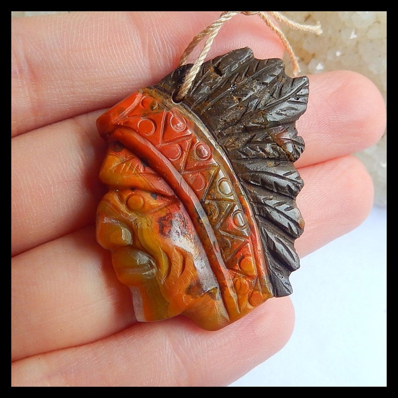 Vintage Carved Indian Head.Natural Warring States Red Agate Gemstone Pendant,Gemstone Carved Bead.36x35x4mm,8g Cp1602