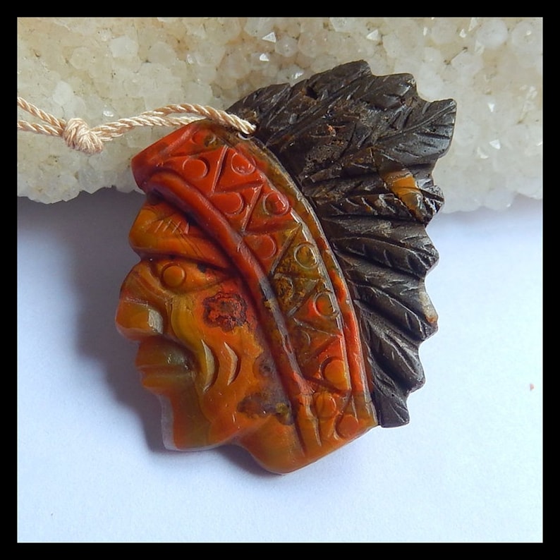 Vintage Carved Indian Head.Natural Warring States Red Agate Gemstone Pendant,Gemstone Carved Bead.36x35x4mm,8g Cp1602