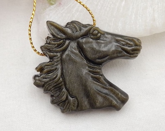 Wholesale Horse Pendant, Gift For Him, Carved Gold Obsidian Horse Head Gemstone Pendant Bead, 42x38x9mm, 19.5g