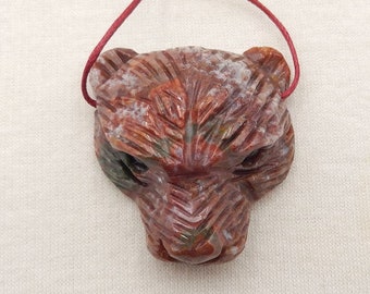 Natural Stone Handcarved Ocean Jasper Bear Head Gemstone Animal Side Drilled Pendant Bead, 42x38x18mm, 34g - E19104