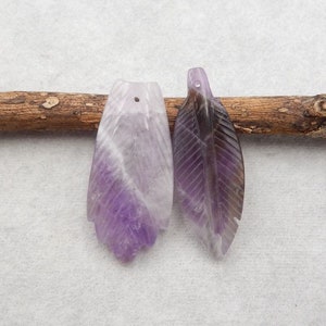 2PCS Carved Natural Amethyst Leaf/Feather Gemstone Pendant Beads, Unique Pendants For Neckalce Design, 35x17x4mm, 37x14x4mm, 8g - E5160