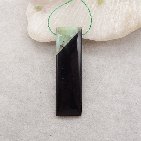 Natural Chrysocolla And Obsidian Intarsia Gemstone Pendant Bead, Side drilled Pendant For Neckalce, 50x15x6mm, 8.2g - E19041