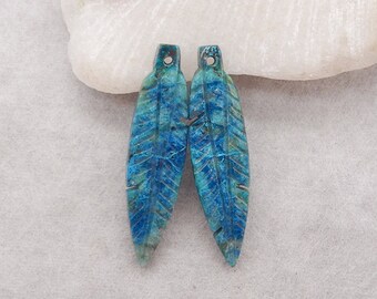 Natural Gemstone Carved Chrysocolla Leaf Earring Beads, Popular Gemstone Earring Pair, Beautiful Earrings, 41x10x5mm, 6.7g - E17652