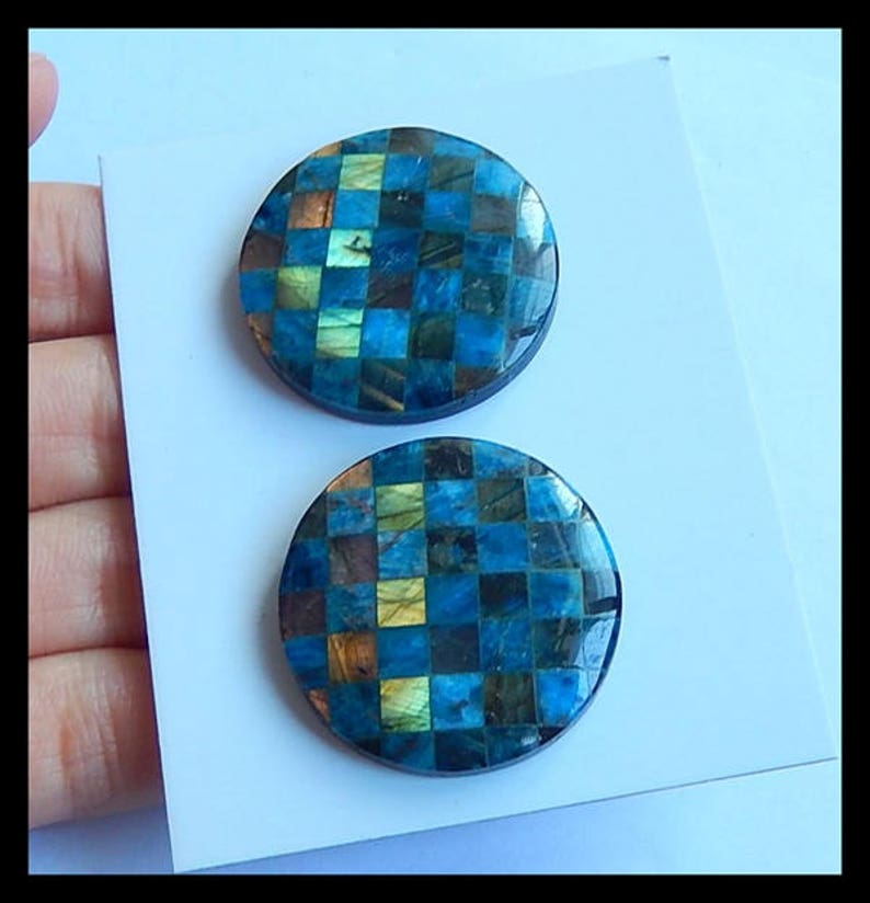 Cpa543 New,Blue Apatite,Labradorite,Obsidian Intarsia Cabochon Pair,28x5mm,15.1g