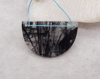 Natural Black Rutilated Quartz Double Hole Gemstone Pendant Bead, Handmade Jewelry, 37x24x3mm, 5.6g - E17651