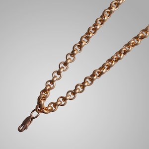 Puede incluir: Primer plano de un collar de cadena de color dorado con un cierre de mosquetón. La cadena está compuesta por eslabones ovalados entrelazados. El collar se muestra sobre un fondo gris claro.