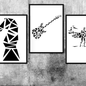 May include: Five framed black and white geometric art prints. The prints depict a chess piece, a guitar, a surfer, an axe, and a skier. The art is minimalist, with each image constructed from black triangles on a white background.