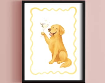 Golden Retriever with Martini Wall Art | Funny Dog Drinking Print | Instant Download | Digital Pet Bar Decor | Pup With Cocktail