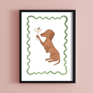 Dachshund with Martini Wall Art | Funny Dog Drinking Print | Instant Download | Digital Pet Bar Decor | Pup With Cocktail