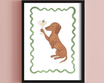 Jamnik z Martini – grafika ścienna | Zabawny wydruk z pijącym psem | Natychmiastowe pobranie | Cyfrowa dekoracja baru dla zwierząt | Szczeniak z koktajlem