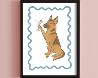 Väggkonst för schäfer med martini | Rolig hund som dricker tryck | Direkt nedladdning | Digital husdjursbardekoration | Valp med cocktail