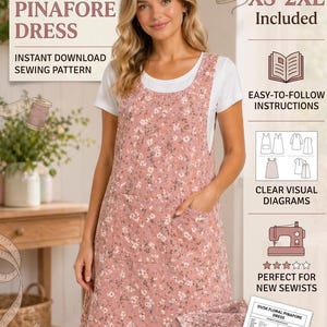 Può includere: Abito a grembiule floreale rosa con una maglietta bianca, con una tasca frontale. L'immagine include il testo: "Dusk Floral Pinafore Dress, Modello di cucito con download immediato, Taglie XS-2XL incluse, Istruzioni facili da seguire, Diagrammi visivi chiari."