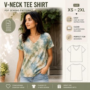 Schnittmuster für ein T-Shirt mit V-Ausschnitt (PDF), Basic-T-Shirt-Schnittmuster für Damen, Kurzarm-Stricktop (PDF), einfaches Schnittmuster für Anfänger (XS-2XL)
