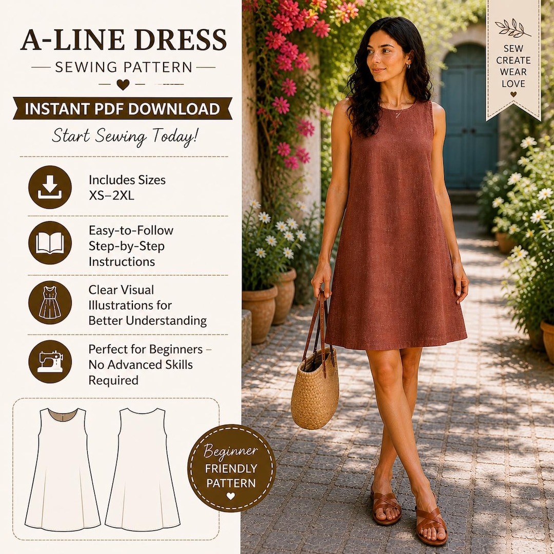 Linen A-line Dress Sewing Pattern PDF | Sleeveless Shift Dress Pattern ...