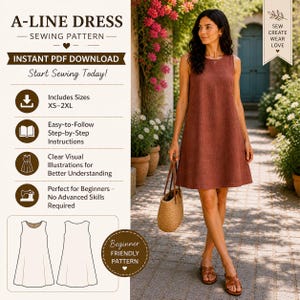 Può includere: Modello di cucito per abito a trapezio con download PDF immediato. Il modello include taglie XS-2XL ed è adatto ai principianti. L'immagine mostra una donna che indossa un abito a trapezio color ruggine. L'abito è senza maniche.