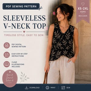 Op de afbeelding: Een PDF-naaipatroon voor een mouwloze top met V-hals en een zwart-beige bladprint. Het digitale bestand bevat stapsgewijze instructies en illustraties voor de maten XS-2XL. De tekst luidt PDF SEWING PATTERN, SLEEVELESS V-NECK TOP.