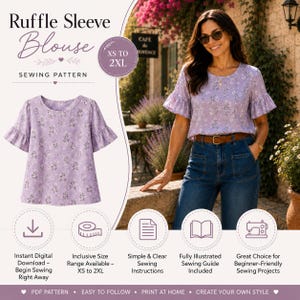 Op de afbeelding: Naaipatroon voor een lila blouse met ruchesmouwen en bloemenprint, verkrijgbaar in maten XS tot 2XL. De afbeelding bevat de tekst "Ruffle Sleeve Blouse Sewing Pattern".