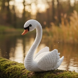 May include: A handmade white crochet swan with a curved neck, black detailing, and an orange beak. The swan is positioned on a mossy log near water, with a blurred backdrop of trees and sunlight.