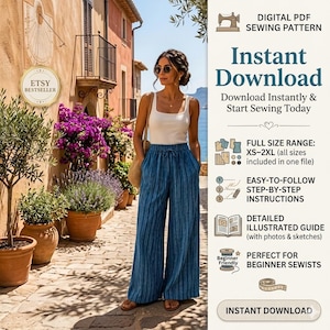 May include: A woman wearing a white tank top and blue striped wide-leg pants stands on a cobblestone street. The image includes text that says "Instant Download" and "Digital PDF Sewing Pattern". The Etsy Bestseller badge is visible.