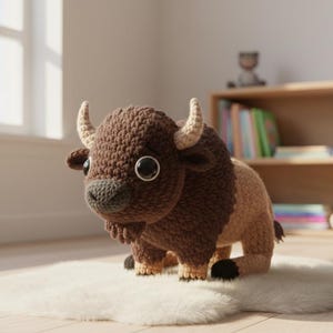 May include: A crocheted bison plush toy in shades of brown and tan, with large black eyes and small horns. The bison is positioned on a white, fluffy rug, with a bookshelf and window in the background.