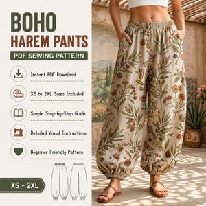Puede incluir: Pantalones harén color beige con estampado botánico de hojas verdes y flores naranjas. Los pantalones tienen cintura con cordón y bolsillos. La imagen incluye texto: "BOHO HAREM PANTS PDF SEWING PATTERN" y detalles del patrón.