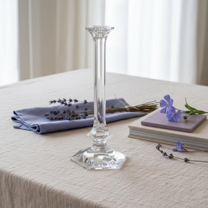 Vintage Crystal Candlestick Elegant Dining Table Accessory Luxury Home Decor Piece Val Lambert Belgian Crystal Hexagonal Base Tall Column