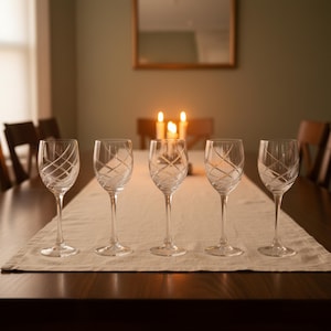 May include: Five clear wine glasses with a crisscross design are arranged on a table covered with a beige runner. Lit candles and a mirror are in the background, creating a warm, inviting atmosphere. The glasses are elegant and suitable for a formal dining setting.
