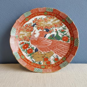 Japanese Dinner Plate Vintage Porcelain Imari Peacock Bird Motif Floral Design Arita Coupe Dining Collection Fall Tablescape Neutral Decor