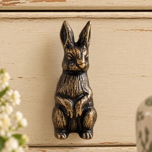 May include: A vertical cabinet knob shaped like a standing rabbit with a dark bronze finish and highlighted gold-toned details on the ears, face, chest, and paws. The rabbit is depicted in an upright, alert posture with long, pointed ears.