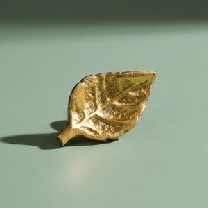 May include: A gold-colored metal cabinet knob shaped like a leaf. The knob features a textured, organic surface with a central vein and defined edges, designed to be mounted to a drawer or door front with a single attachment point at the stem.