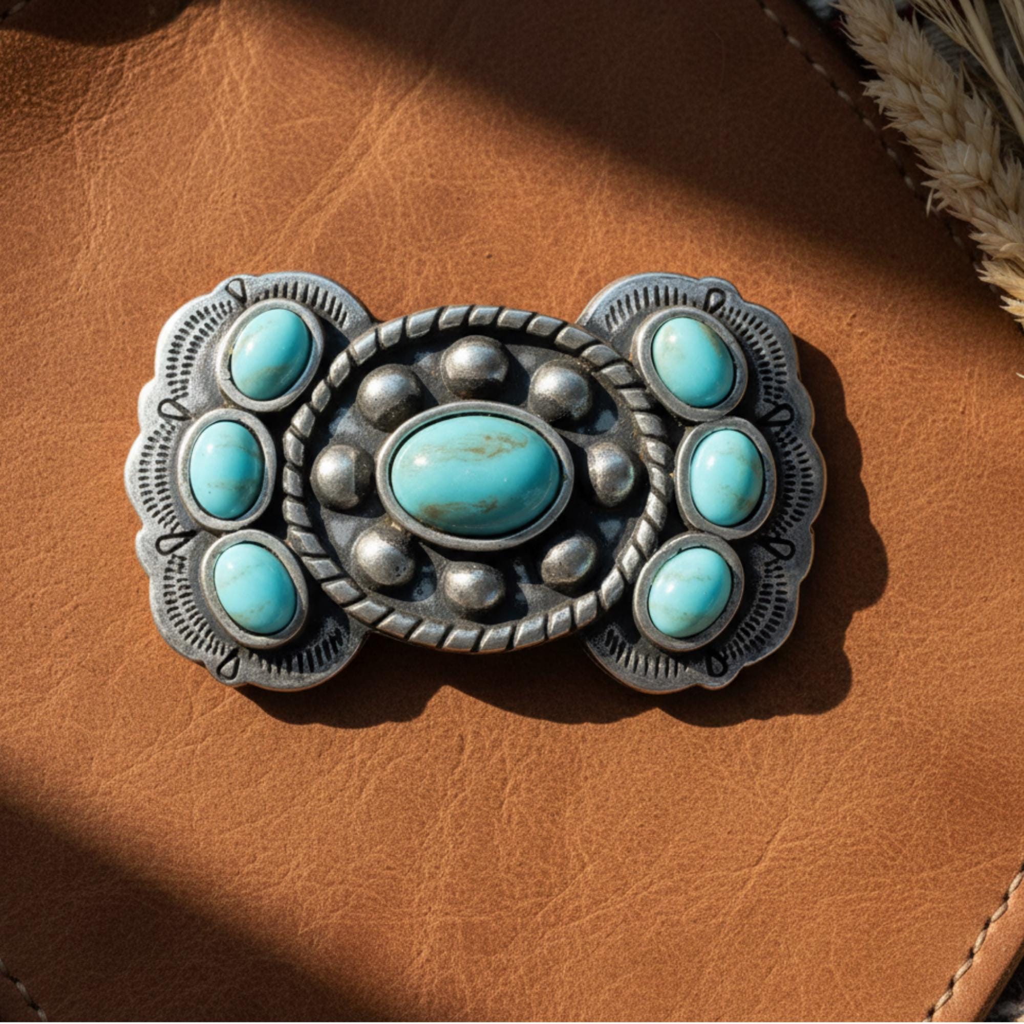 Silver Tone Carved Etched Metal Turquoise Cabochon Chain Southwest Style Belt Belt, A Vintage, Concho, Turquoise, Old Pawn, circa 1950 main image 3