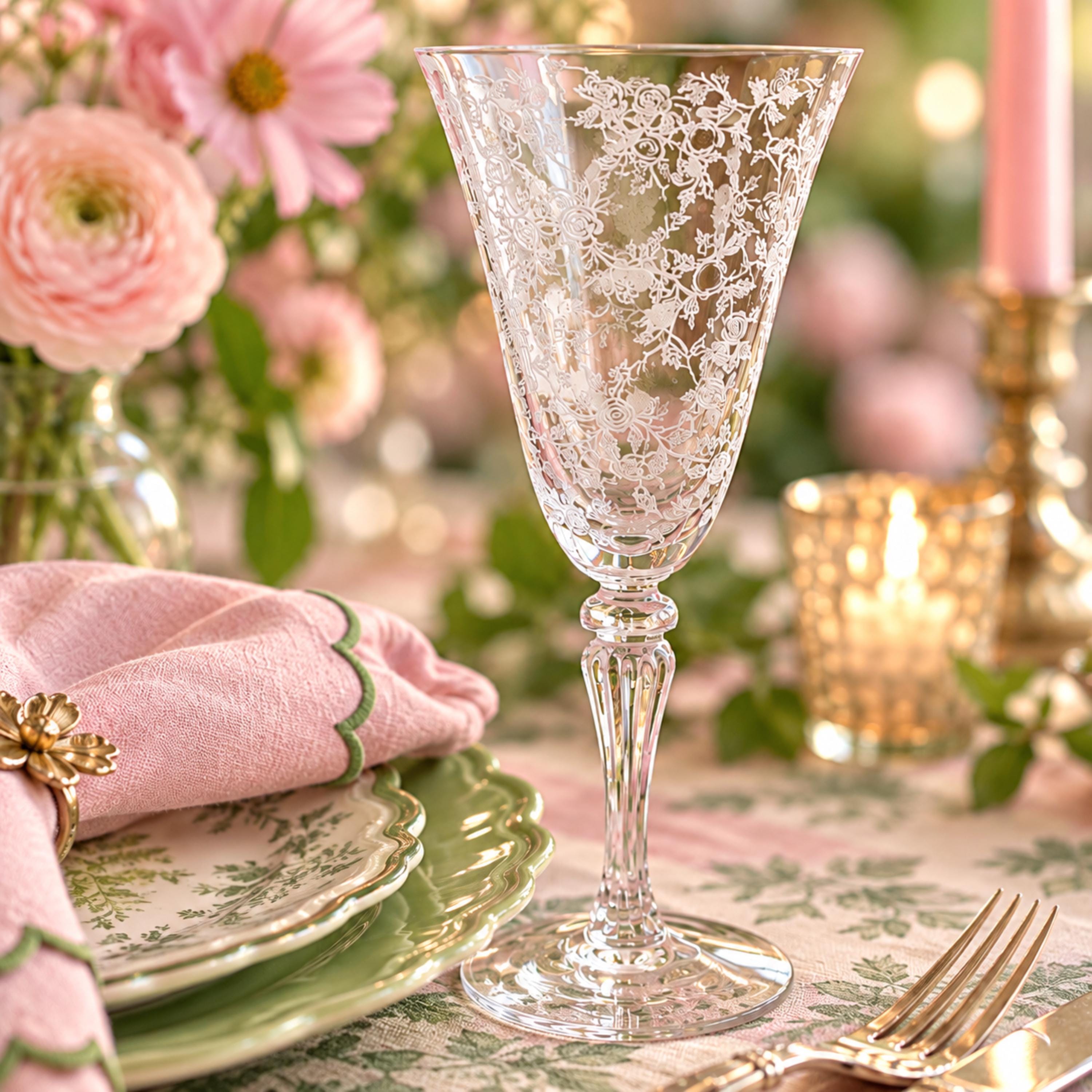 The Crystal Goblet 限定版プリント Vintage Etched Glass Flower Wine Goblet - Etsy
