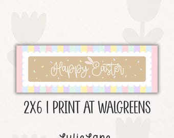 May include: A rectangular Easter-themed design with pastel colors. The design features the text "Happy Easter" in a cursive font, with a bunny ear detail. The design is bordered by a scalloped edge and vertical stripes.