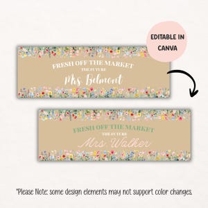 May include: Two rectangular signs with floral borders and text. The top sign reads "FRESH OFF THE MARKET" and "Mrs. Belmont". The bottom sign reads "FRESH OFF THE MARKET" and "Mrs. Walker". The signs are tan with colorful flowers.