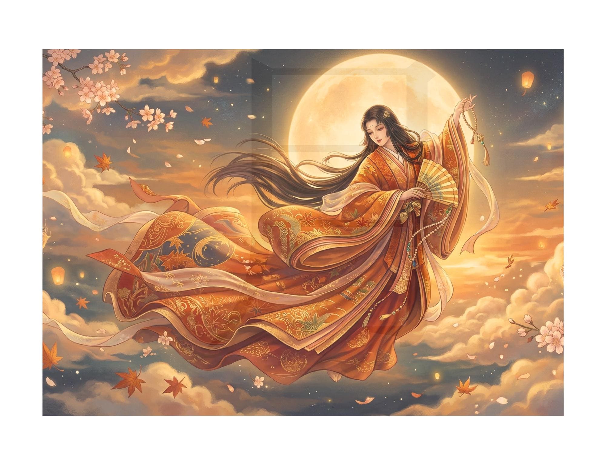 Japanese Moon Goddess Art Print – Fantasy Kimono Woman Under Full Moon ...