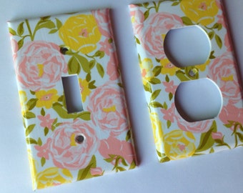 Floral Light Switch Cover, Pink Yellow Roses, Shabby Chic Decor
