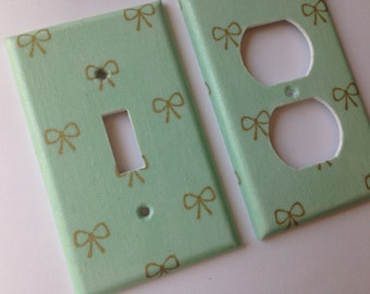 Mint Light Switch Plate Cover with Gold Metallic Bows