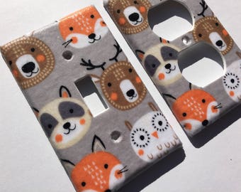 Woodland Animals Light Switch Plate, Gray Nursery Decor
