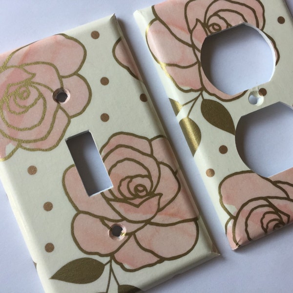 Gold Pink Floral Roses Single Light Switch Plate Cover Outlets Gold Home Decor Pink Gold Bedroom  Nursery Decor Gold Bathroom