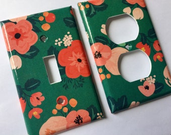 Floral Light Switch Cover, Coral Teal Nursery Decor