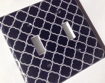 Navy Blue Quatrefoil Light Switch Plate Cover, Moroccan Lattice Decor