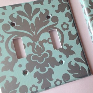 Aqua Blue Silver Damask Double Light Switch Cover / Silver Blue Decor / Silver Nursery Decor / Switchplate Cover / Blue Bedroom Home Decor