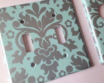 Aqua Blue Damask Double Light Switch Cover, Silver Accent