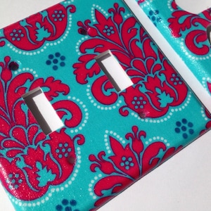 Light Switch Plate Cover / Pink Aqua Damask Double Toggle Light Switchplate / Paris Bedroom Decor / Pink Aqua Nursery Decor/ Turquoise Decor