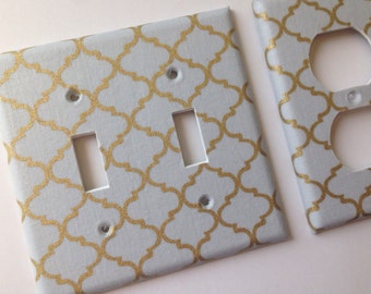 Gold and Gray Quatrefoil Double Light Switch Plate Cover/ Moroccan Decor/ Lattice Decor/ Gold Nursery Decor/ Gold Decor / Gold Gray Decor