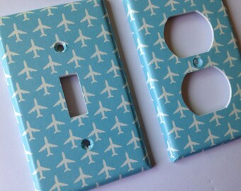 Retro Airplane Light Switch Plate, Blue Nursery Decor