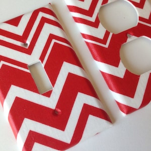 Chevron Light Switch Plate Cover/ Red and White Chevron Striped light Switch Plate and outlet cover / Nautical Nursery Decor/ Red Chevron