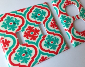 Turquoise White Quatrefoil Moroccan Home Decor Metal Light Switch Plate Cover 