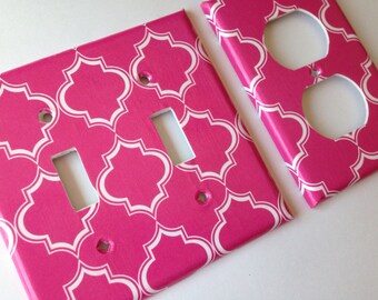 Pink Quatrefoil Light Switch Plate Cover, Moroccan Trellis Decor