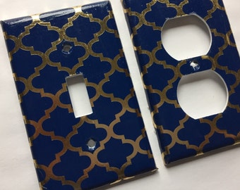 Gold Quatrefoil Light Switch Plate – Navy Blue Moroccan Decor